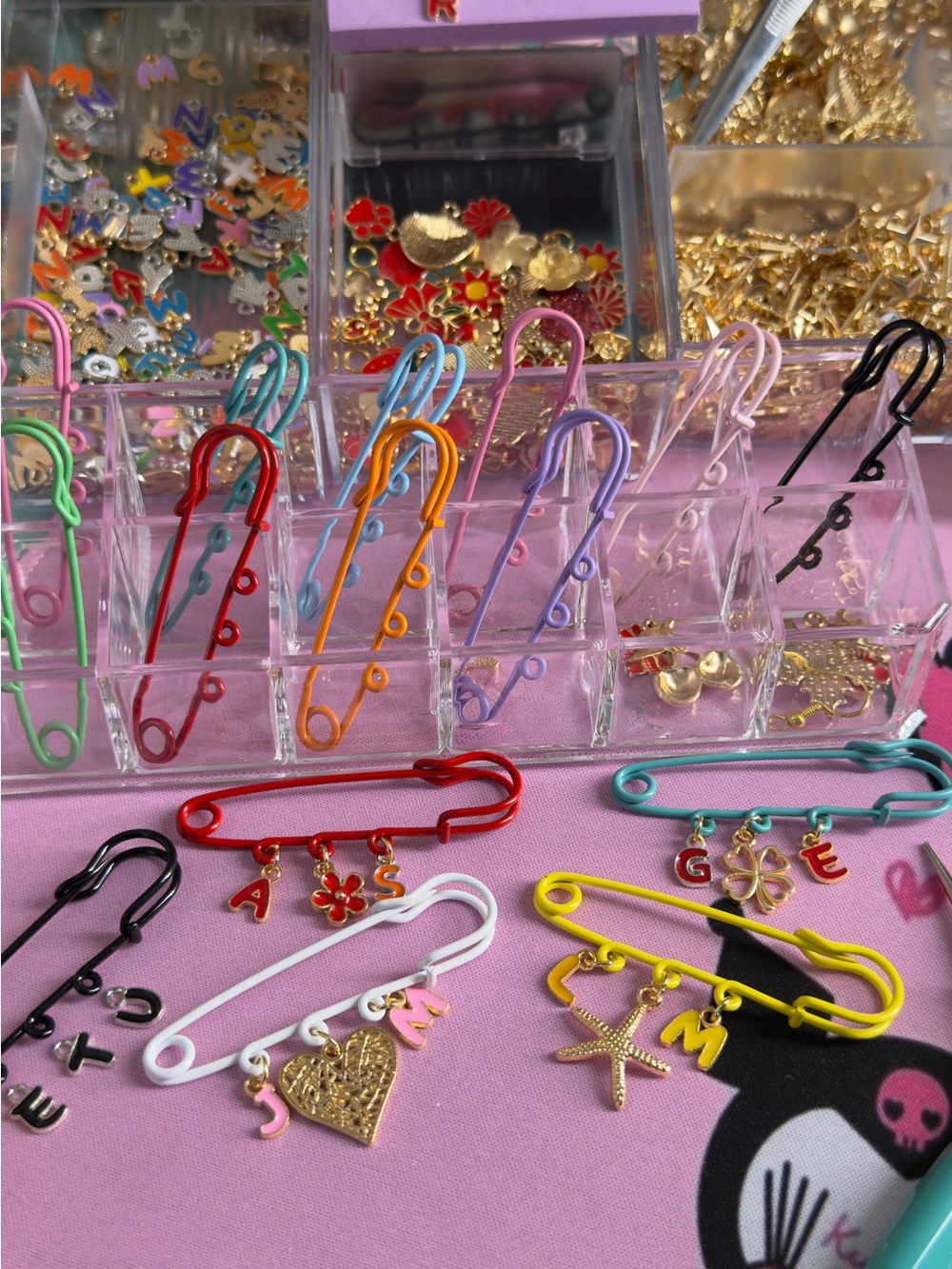 Multi-Color Safety Pin Charm Set - Personalized Letter & Shape Charms
